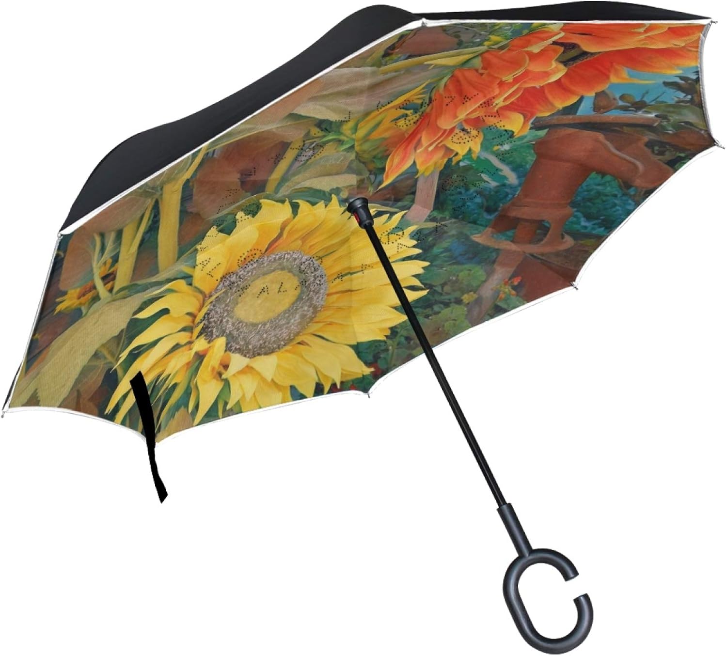 Sunflowers Blooming Double Layer Inverted Umbrella,C-Shaped Handle Cars