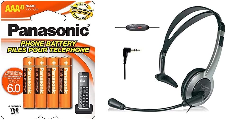 Panasonic Genuine AAA Rechargeable Batteries, 8 Pack & KX-TCA430 Comfort-Fit, Foldable Headset with Flexible Noise-Cancelling Microphone and Volume Control, Regular, Grey/Silver