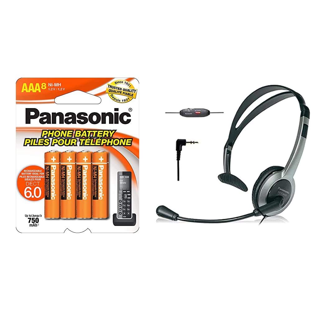 Panasonic Genuine AAA Rechargeable Batteries, 8 Pack & KX-TCA430 Comfort-Fit, Foldable Headset with Flexible Noise-Cancelling Microphone and Volume Control, Regular, Grey/Silver