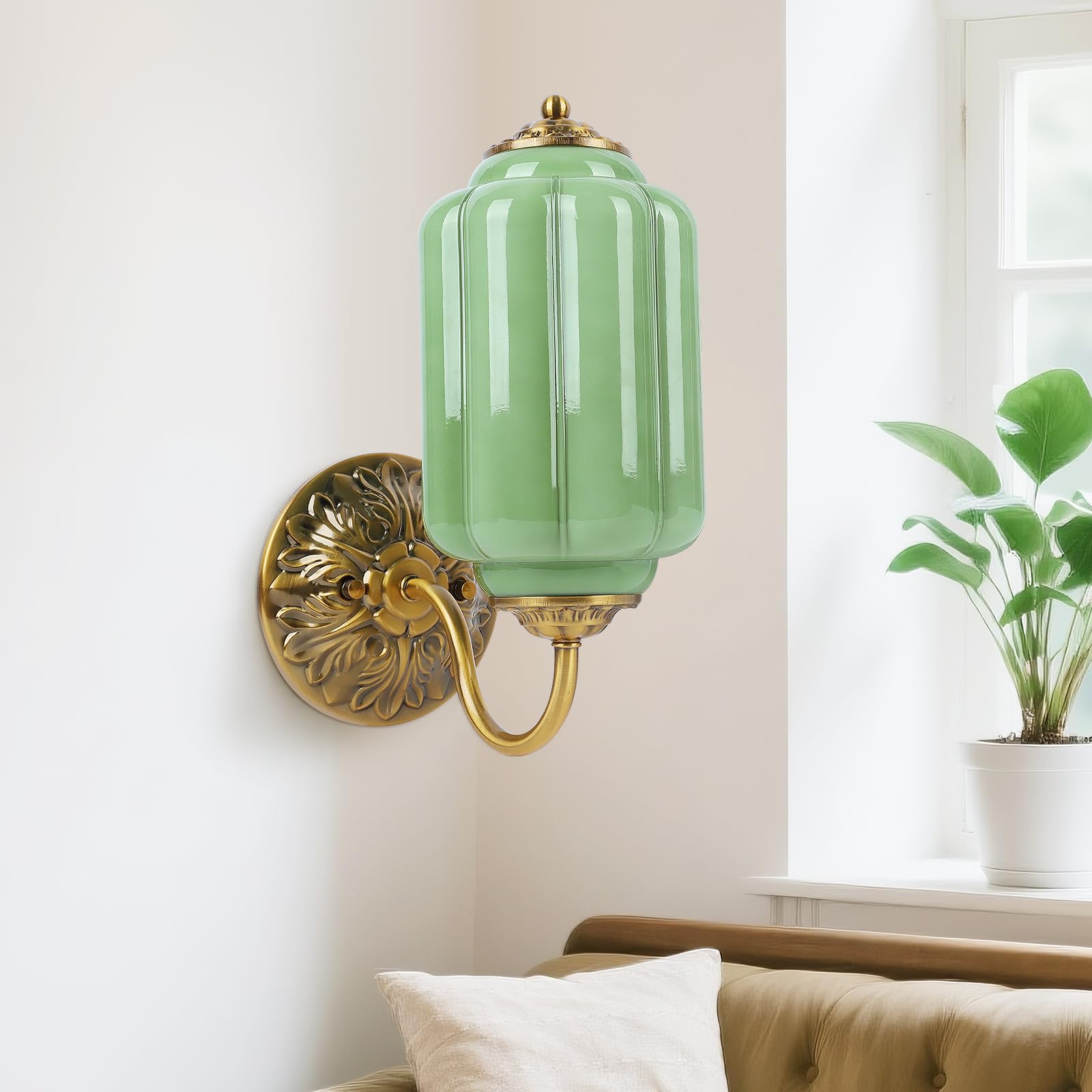 Photo 1 of Pandaluna Vintage Wall Sconce, Green Milk Glass Light Fixture, 5.5In Art Deco Antique Wall Sconce for Bedroom Bathroom Living Room Hallway Entryway, E12 LED Bulb Included, Antique Gold & Green 1 Pack