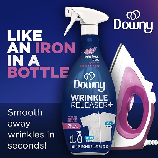 DOWNY WRINKLE RELEASER SPRAY | ALL IN ONE WRINKLE RELEASE SPRAY, ODOR ELIMINATOR, STATIC REMOVER | FABRIC REFRESHER & IRONING AID FOR CLOTHES | 33.8 FL OZ, LIGHT FRESH SCENT
