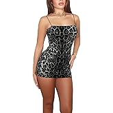 Ralcosuss Sequins Glitter Leopard Print Bodycon Mini Dress for Women’s Sexy Spaghetti Strap Cocktail Party Club Dresses