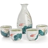 Tebery 5 Pieces Ceramic Japanese Sake Set Soju Tea Set, Porcelain Sake Tokkuri Bottle 8 fl oz and 2 fl oz Sake Ochoko Cups