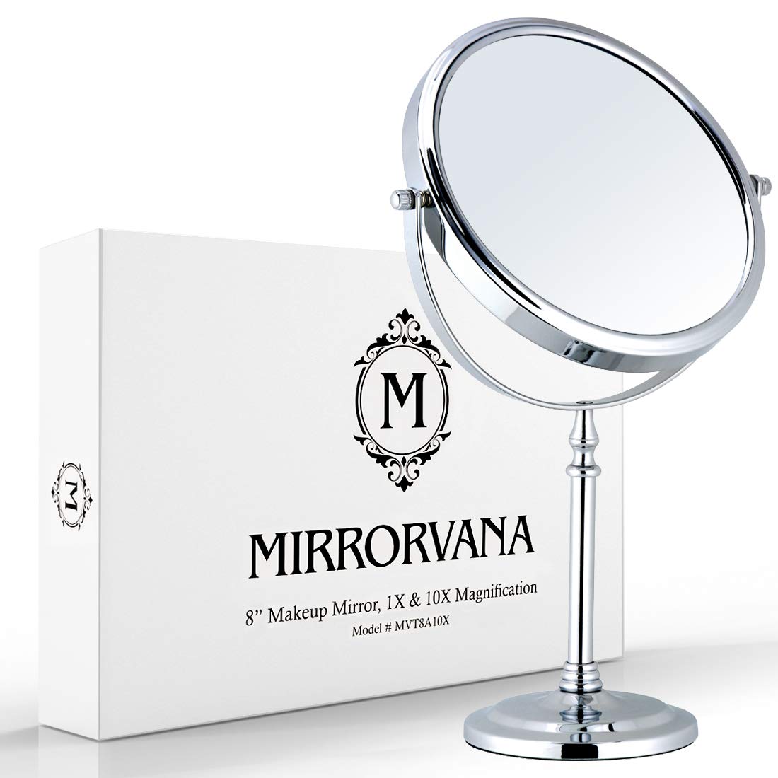 MIRRORVANA Large Double Sided 10X and 1X Magnifying Makeup Mirror with Stand in Gift Box, 15” Tall and 8” Wide