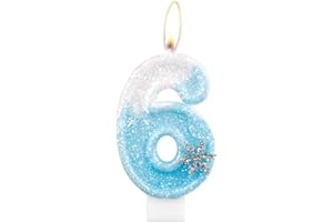 iNINGER Frozen Snow Themed Birthday Candles,Blue and White Glitter Birthday Number 6 Candles,Snowflake Glitter 6th Candles for Kids Adults Birthday Wedding Anniversary Party Supplies