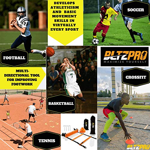 Bltzpro Agility Ladder soccer cones Kit- A speed training equipment for football and team sports skills practice. Ideal for coaching and conditioning includes 2 bags/4 stakes/24 agility drills Ebook  - Thumbnail 3