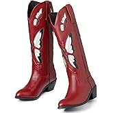 CYNLLIO Womens Cowgirl Boots Vintage Fashion Butterfly Embroidery Western Cowboy Boots Chunky Cork Heel Wide Mid Calf Boots Pull on Cosplay Shoes