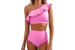 Herseas Women's One Shoulder Bikini Sets Color Block Trim Ruffle Hem Swimsuits Elegant Bathing Suits