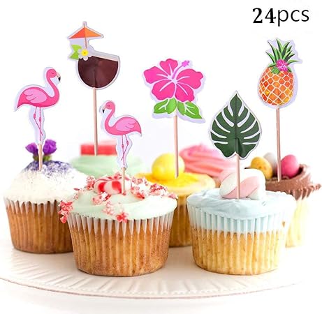 Amazon Co Jp 24ピース ハワイアン ルアウ カップケーキ トッパー ケーキピック つまようじ デコレーション フラミンゴ パイナップル ココナッツ ヤシの葉 ハイビスカスの花 夏のパーティー用品 ケーキデコレーションに 6スタイル おもちゃ