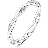 RYANEE Love Rope Infinity Petite Twisted Vine Cubic Zirconia Eternity Band Ring For Women 925 Sterling Silver, Simulated Diamond 14k White Gold Plated CZ Stackable Rings For Her, Wedding Anniversary
