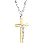 STEEL NATION Yellow Gold Plated Stainless Steel 2" Large Jesus Christ Cross Crucifix Pendant with 24" Twisted Curb Chain Necklace for Men