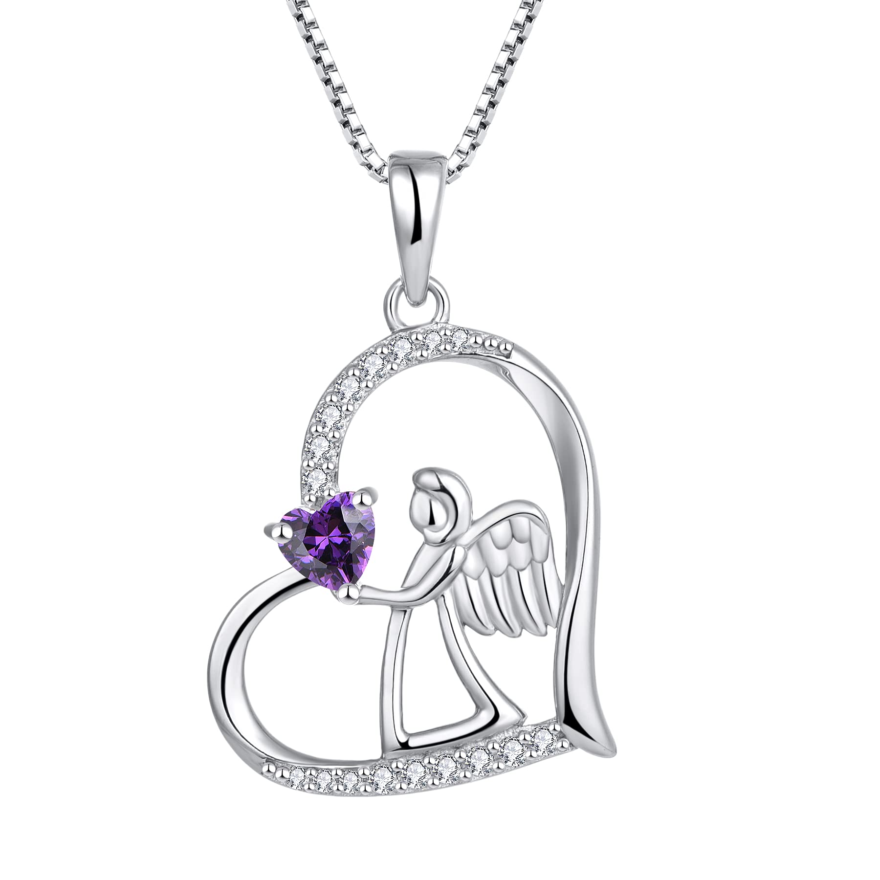 FJ Heart Guardian Angel Necklace 925 Sterling Silver Angel Wing Pendant Amethyst Necklace February Birthstone Jewellery for Women