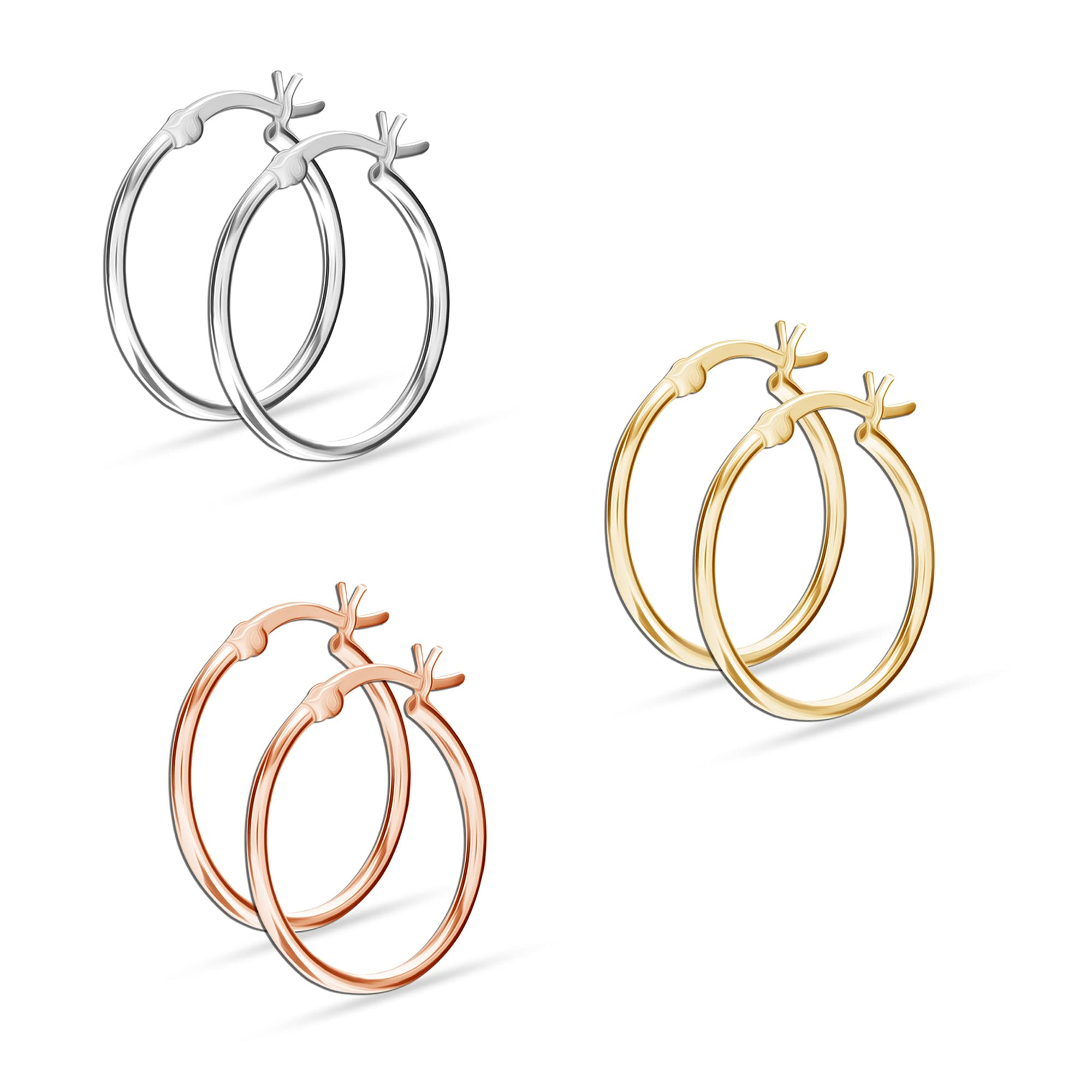 LeCalla 925 Sterling Silver Set of 3 Pairs Click-Top 3 Colors Hoop Earrings for Teen Women 20MM