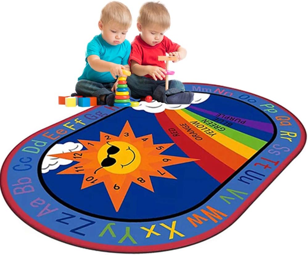 Kids Rugs Cartoon ABC with Numbers Anti-Skid Classroom Playroom Area Alphabet Rugs,Oval Child Large Carpet for Boys Girls Babies Educational Rugs(4'7''x7'6'', Sun-Rainbow)