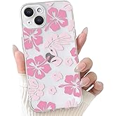 NITITOP Compatible with iPhone 14 Case Cute Clear Aesthetic Floral Flower Hibiscus Pattern for Girls Women Soft TPU Full Camera Lens Shockproof Protective Phone Cover - Pink
