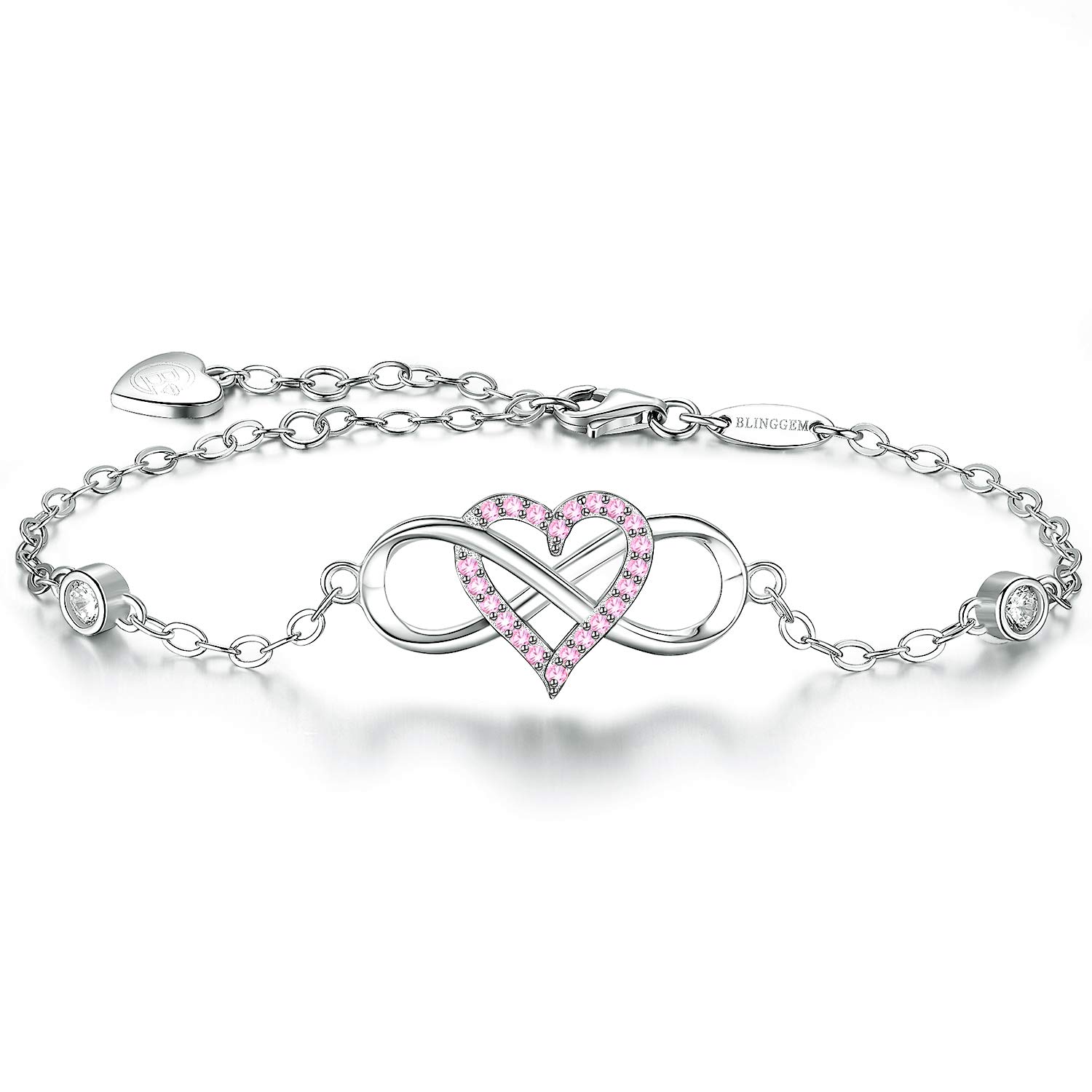 BlingGem Women 18ct White Gold Plated 925 Sterling Silver Round Pink Cubic Zirconia Infinity Heart Bracelet Symbol “Together Forever “Chain Adjustable