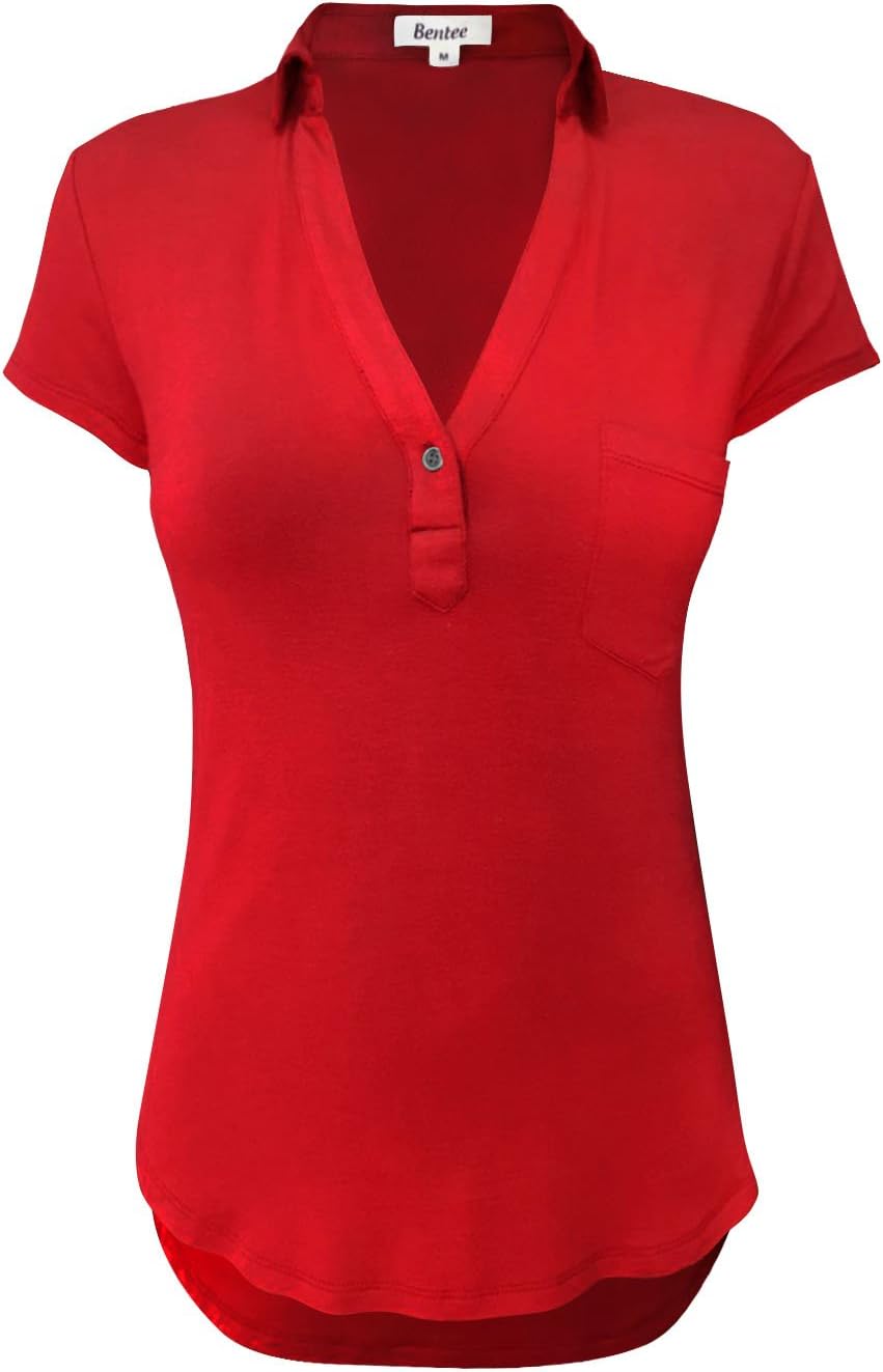 VDS Women's Rayon Deep V-Neck Short Sleeve Collar T-shirt w/ Pocket