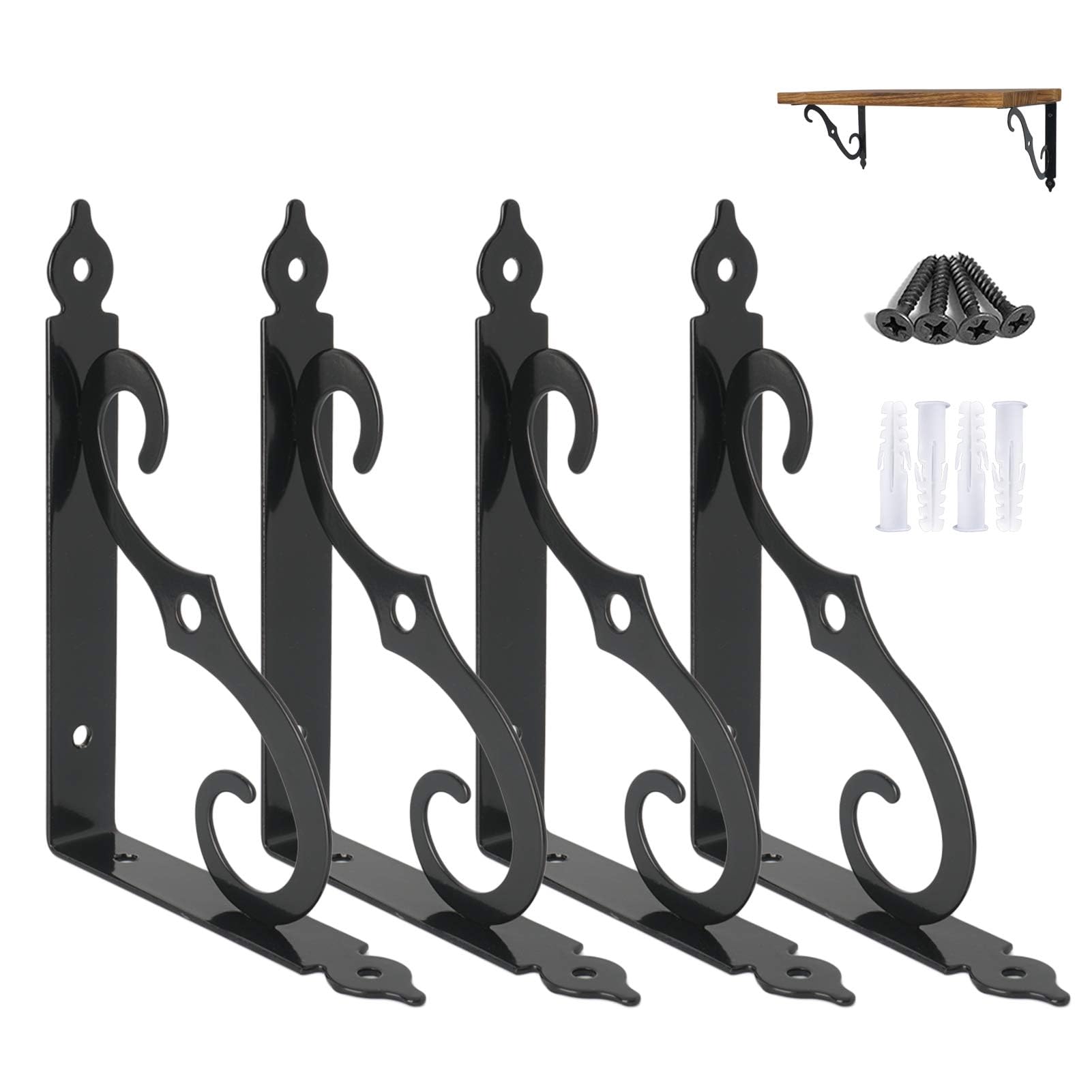 Ouvin Decorative Wall Brackets 4 Pack Retro Black White Heavy Duty L Corner Brace Shelf Support Floating Metal Brackets with Screws (190 mm/7.5 inch) Black