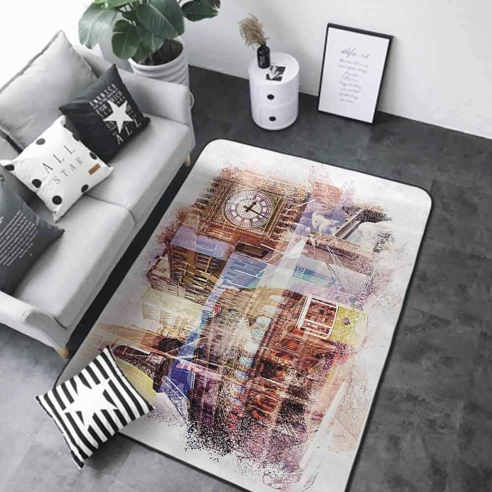 Floor Mats for Living Room Home Decor Collection,Europe Popular Landmarks Theme Big Ben London Eiffel Tower Paris Coliseum Rome Canal Venice,Cream Blue 60"x 72" Custom fit Floor mats