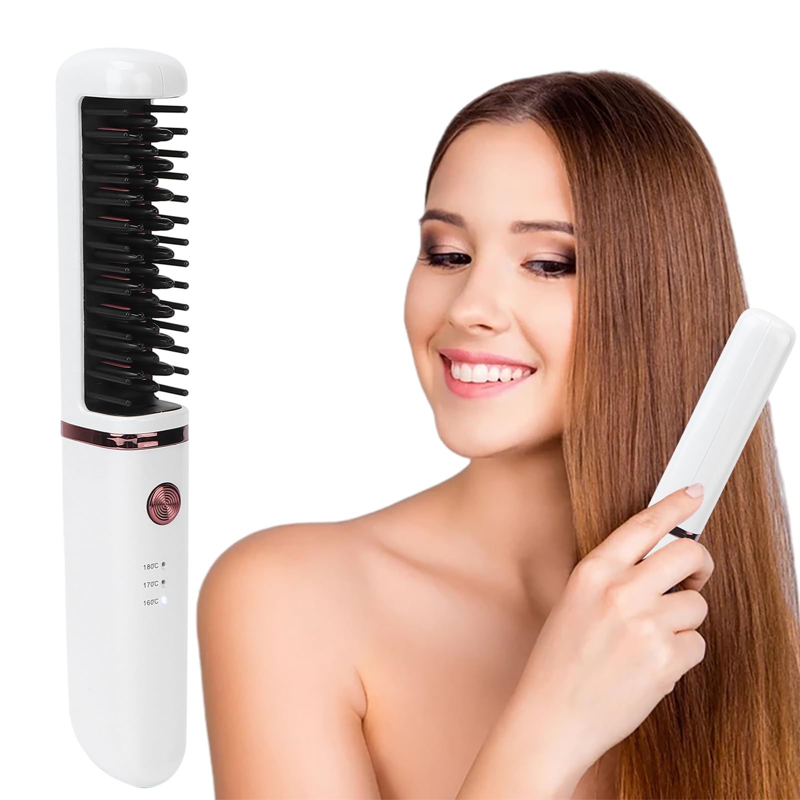 Hair Straightener Brush Portable Wireless Straightening Comb Fast Heat-up 3 Levels Adjustable Temperature Settings with Anti-Scald Design for Girls Women USB Rechargeable