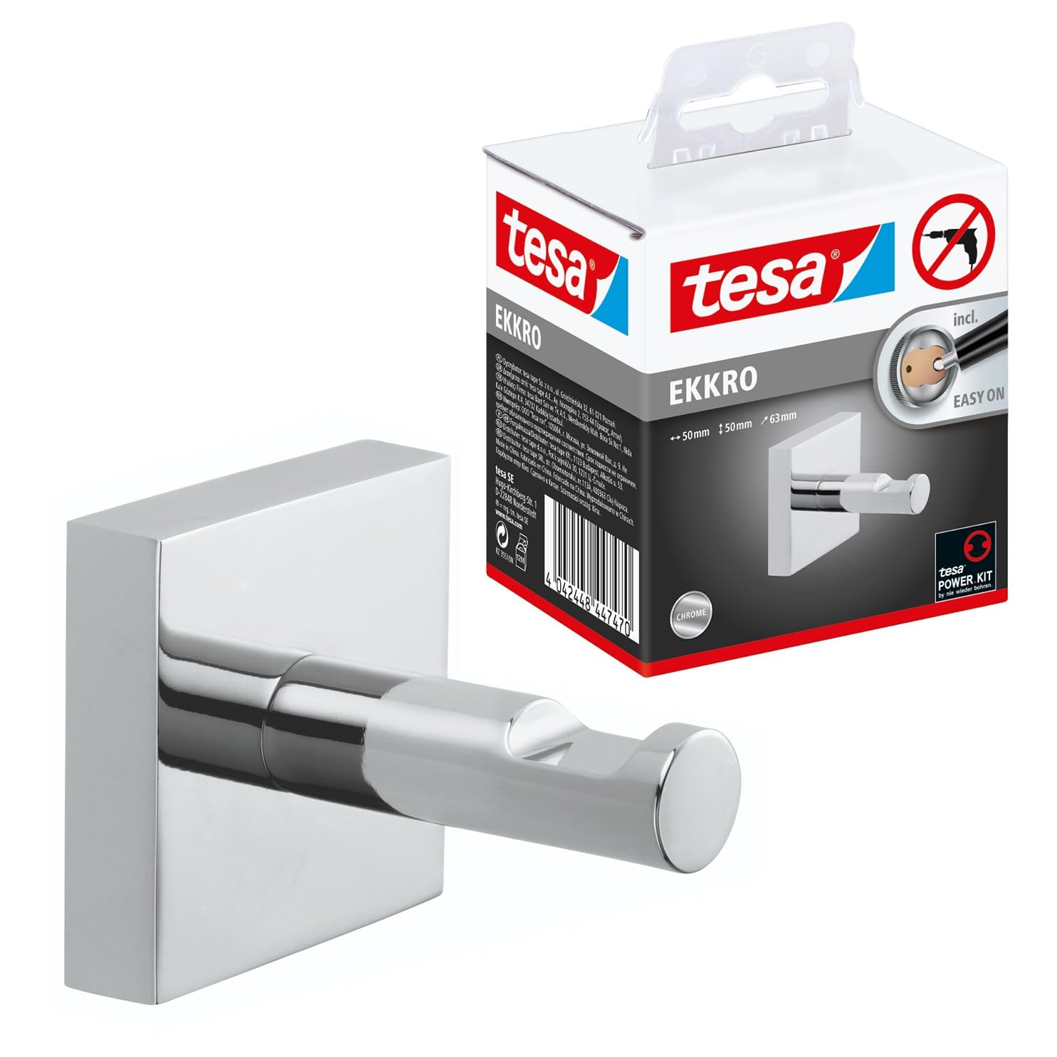 tesa® Ekkro towel hook, high gloss chromed metal, self-adhesive, adhesive mounting technology, 50mm x 50mm x 63mm