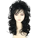 Lucoacos Black Long Curly 80s Rocker Wig for Women Halloween Party Costume Wig