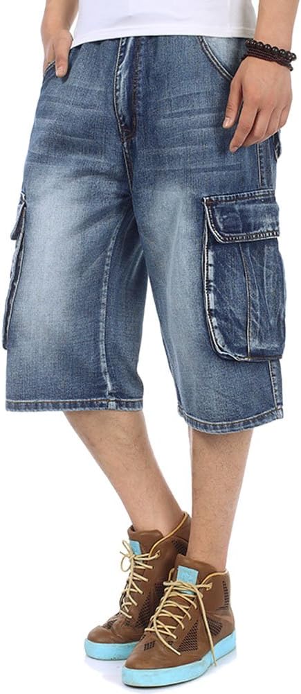 CrazyMen's Light Denim Cargo Short Vintage Jeans