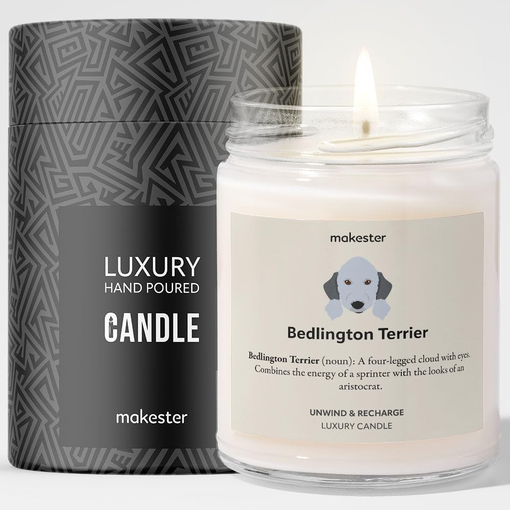 Bedlington Terrier Gifts - Luxury Soy Wax Candle - Vanilla, Jasmine, Sugared Almond - Makester