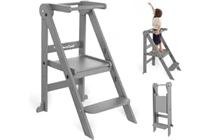 DOERPUZ Foldable Toddler Tower, 3 Adjustable Height Toddler Standing Tower, Wooden Kids Kitchen Stool Helper with Safety Rails, Space Saving Kids Step Stool - Ages 18 Months to 6 Years