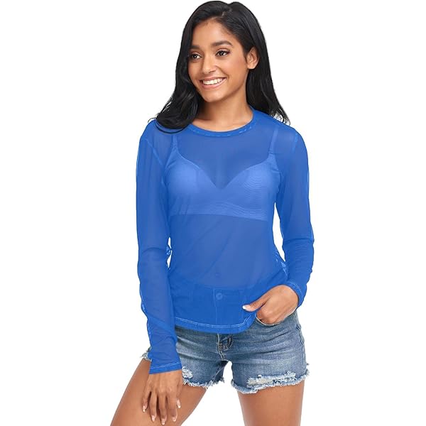 UMIRIKO Dodger Blue Sexy Long Sleeve Sheer Tops for Women S