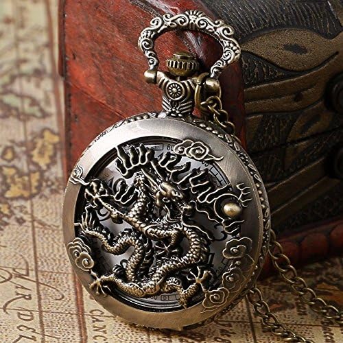 Fashion Cool Bronze Dragon Quartz Pocket Watch White Dial Steampunk Chain