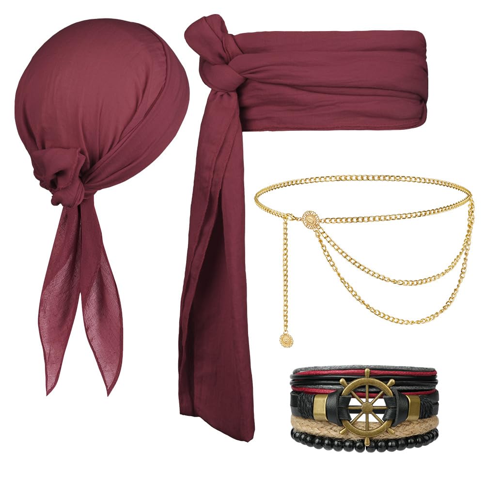 Alaoo 4 Pcs Pirate Costume Accessories Sets, Pirate Captain Accessories with Pirate Bandana Sash Belt, Medieval Renaissance Pirate Costume for Halloween Pirate Party, Wine Red โ image 1