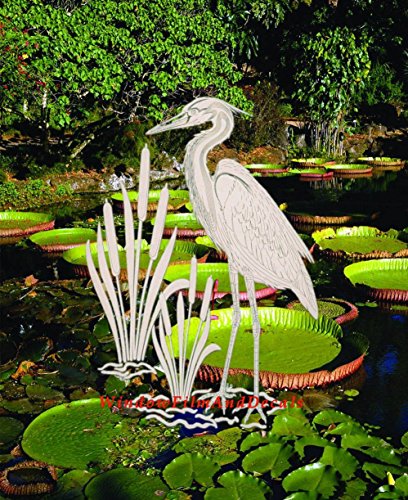 Egret & Cattails Right Oval Etched Window Decal Vinyl Glass Cling - 15" x 23" - Clear with White Design Elements