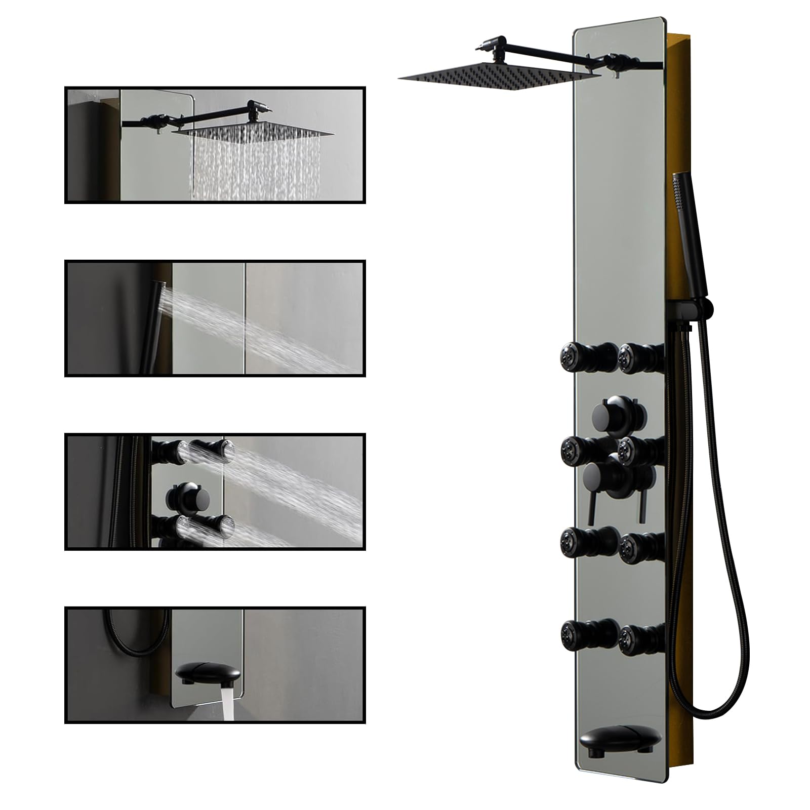 Photo 1 of Greenspring Glass Shower Panel Tower System with Rainfall Shower Head 8 Body Massage Jets with Tub Spout Multifunction Shower Panel, Stainless Steel, Gold