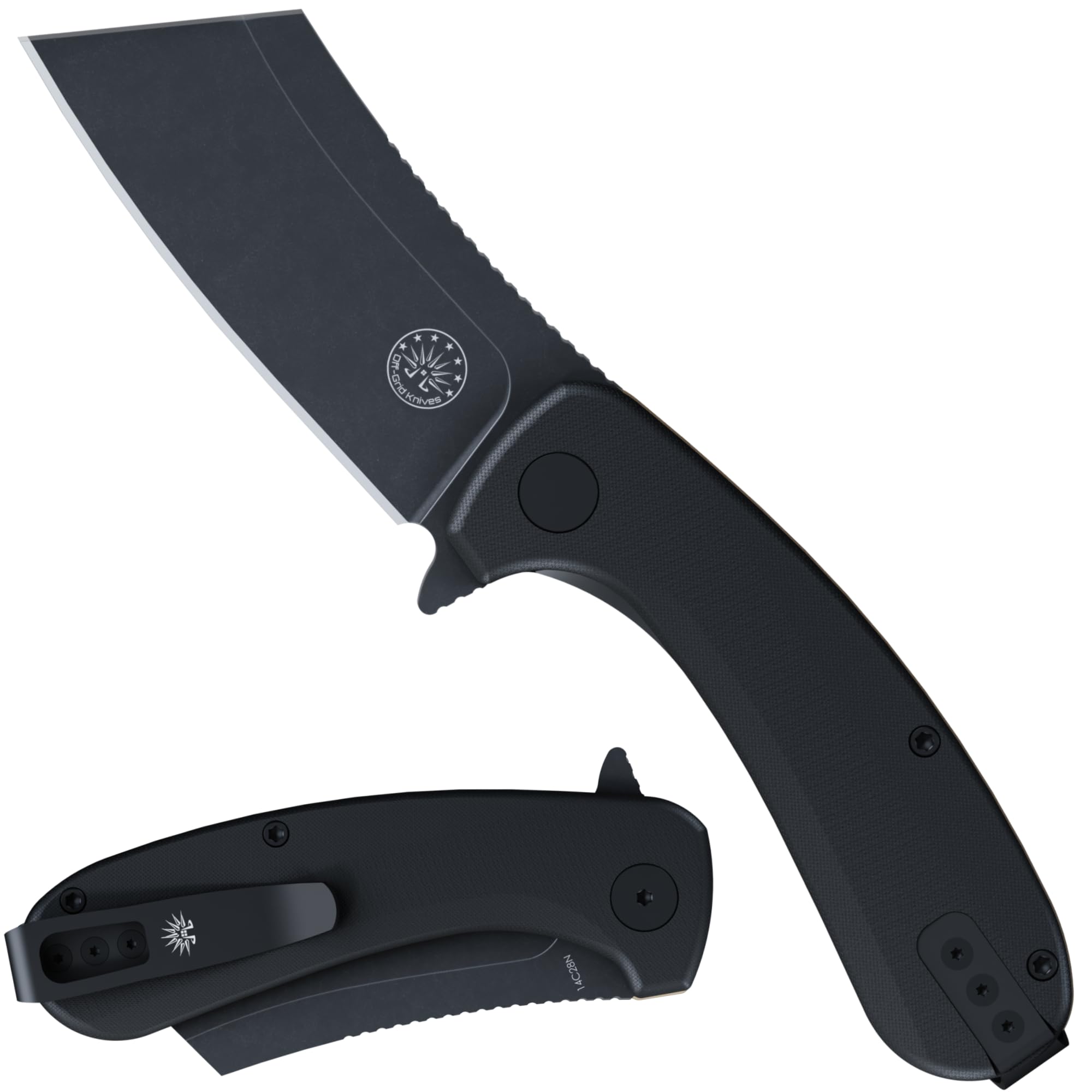Photo 1 of Off-Grid Knives - CLEAVER V3 Folding EDC Knife with Sandvik 14C28N Steel, G10 Scales, Ceramic Bearings, Deep Clip for Left and Right Hand Carry, Drop-Shut Action, Stout Everyday Carry (Blackout)