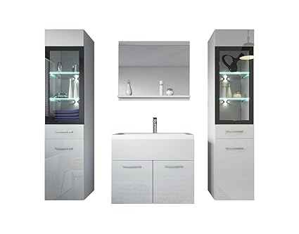 Badezimmer Badmöbel Set Rio XL LED 60 cm Waschbecken Hochglanz Weiß Fronten - Unterschrank 2x Hochschrank Waschtisch Möbel