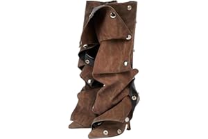 KaroNairy Brown Slouchy Knee High Boots for Women Denim Pointed Toe Stiletto High Heel Boots Detachable Snap-off Panel Fall Shark Boots