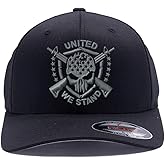 United We Stand, American Distressed Skull Custom Embroidered American Flag 6277Flex Fitted Baseball Cap
