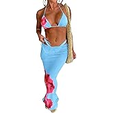 Verdusa Women's 3 Piece Swimsuits Floral Print Bikini Sets with Beach Cover Up Skirt