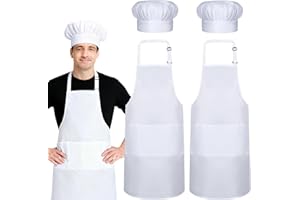 DASHUAIGE 2 Pack White Chef Apron Set, Bib Apron with 3 Pockets & Adjustable Hat for Bakers, Cooking Enthusiasts & Kitchen Staff