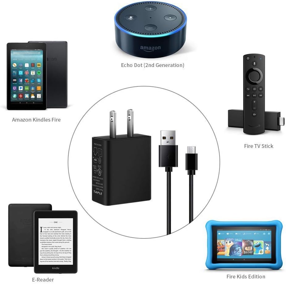 TAPLE Kindle Fire Charger, [UL Listed] AC Adapter Rapid Charger with 5 Ft Micro-USB Cable Compatible Kindle Fire HD, HDX 6" 7" 8.9" 9.7", Fire 7 8 10 Tablet and Phone, Tab Power Supply Cord: Electronics