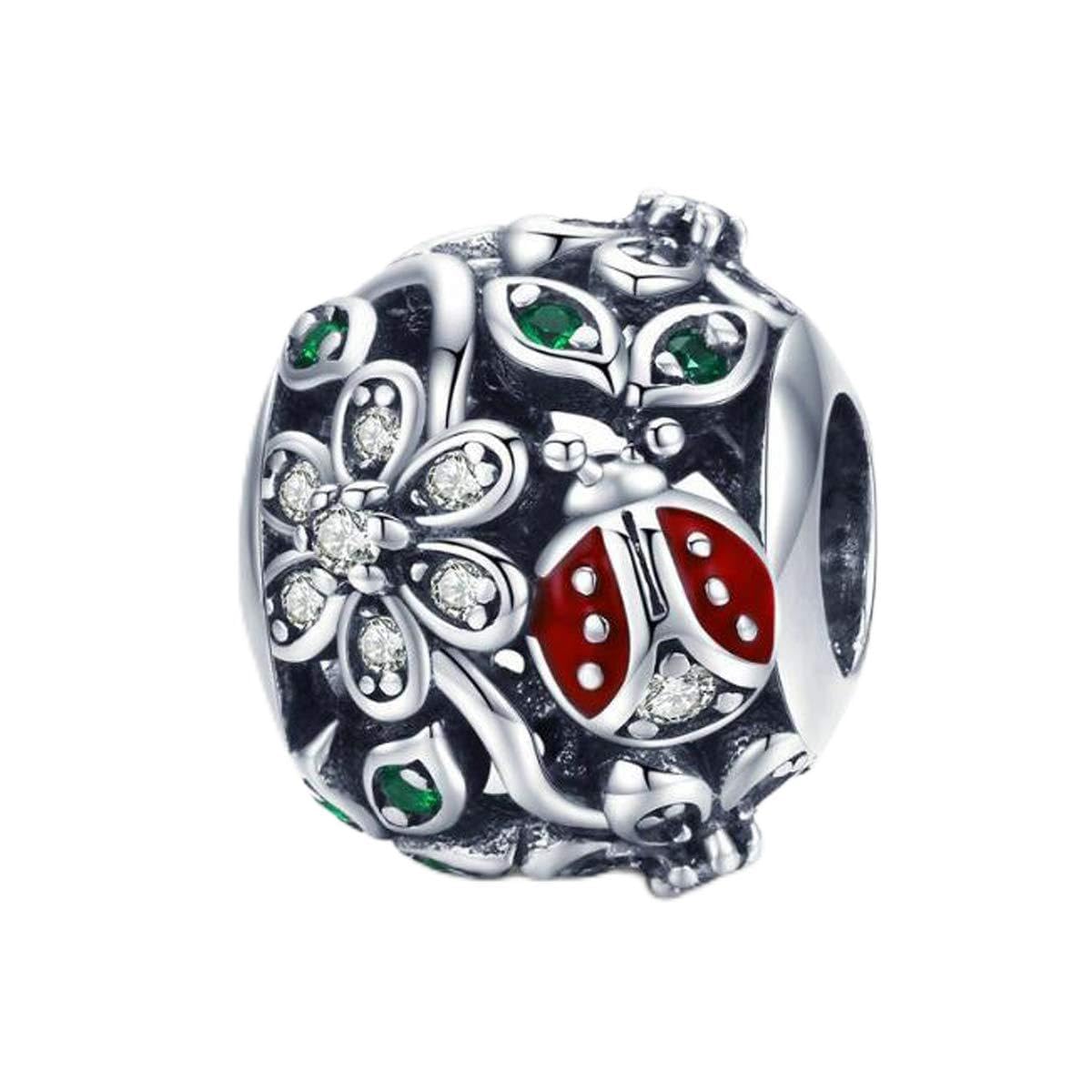 Animal Charm Beads 925 Sterling Silver Crystal Enamel Owl Charm Cow Animal Charms for Pandora Bracelet (Ladybug)