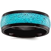 Titanium Polished Black Ip Plated With Simulated Turquoise Inlay 8mm Band Ring for Women and Men