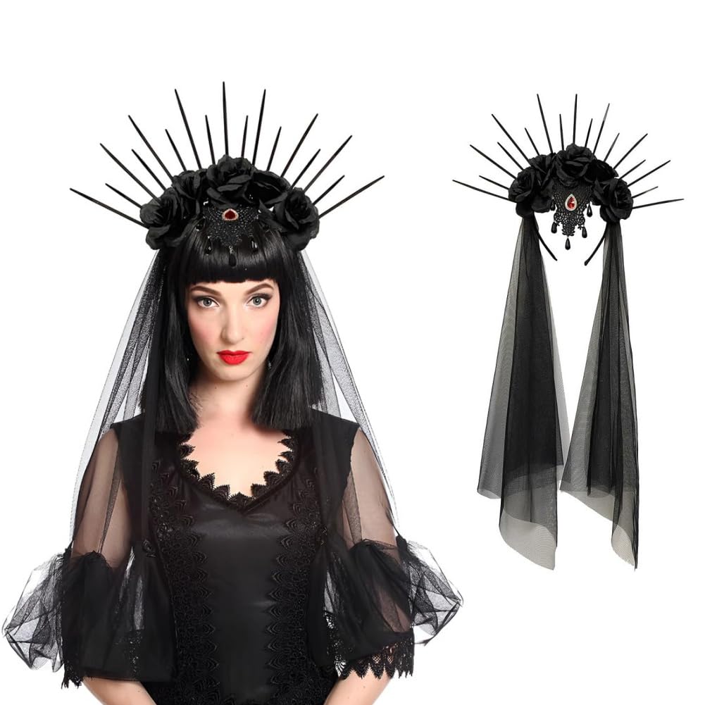 haozaikeji Halloween Gothic Bridal Headband Black Veil Flower Crown Headpiece Wedding Bride Headdress for Women Ladies Retro Vampire Queen Hair Band Halloween Fancy Dress Costume
