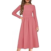 YOVION Girls Long Sleeve Dress Knit Patchwork A-Line Fall Winter Casual Midi Dresses with Pockets for 6-12 Y