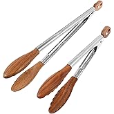 2 Pcs Walnut Wooden Kitchen Tongs Wood Food Tongs Salad Tongs with Wooden Tips, Locking Tongs Wood Serving Tongs for Flipping