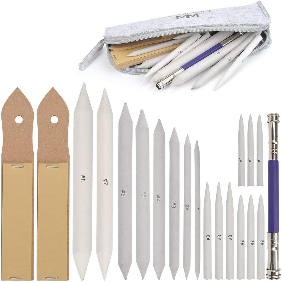 WOWOSS 21pcs Blendende Stümpfe und Tortillions Set Papierwischer Set mit 2 Stück Schleifpapier Bleistiftspitzer und 1 Bleistiftverlängerungswerkzeug zum Skizze Zeichnung