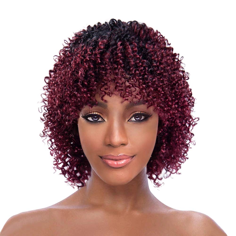 ISHINE 12 Inch Human Hair Short Afro Curly Colored Wigs With Bangs 180 Density OT530, Natural Black 