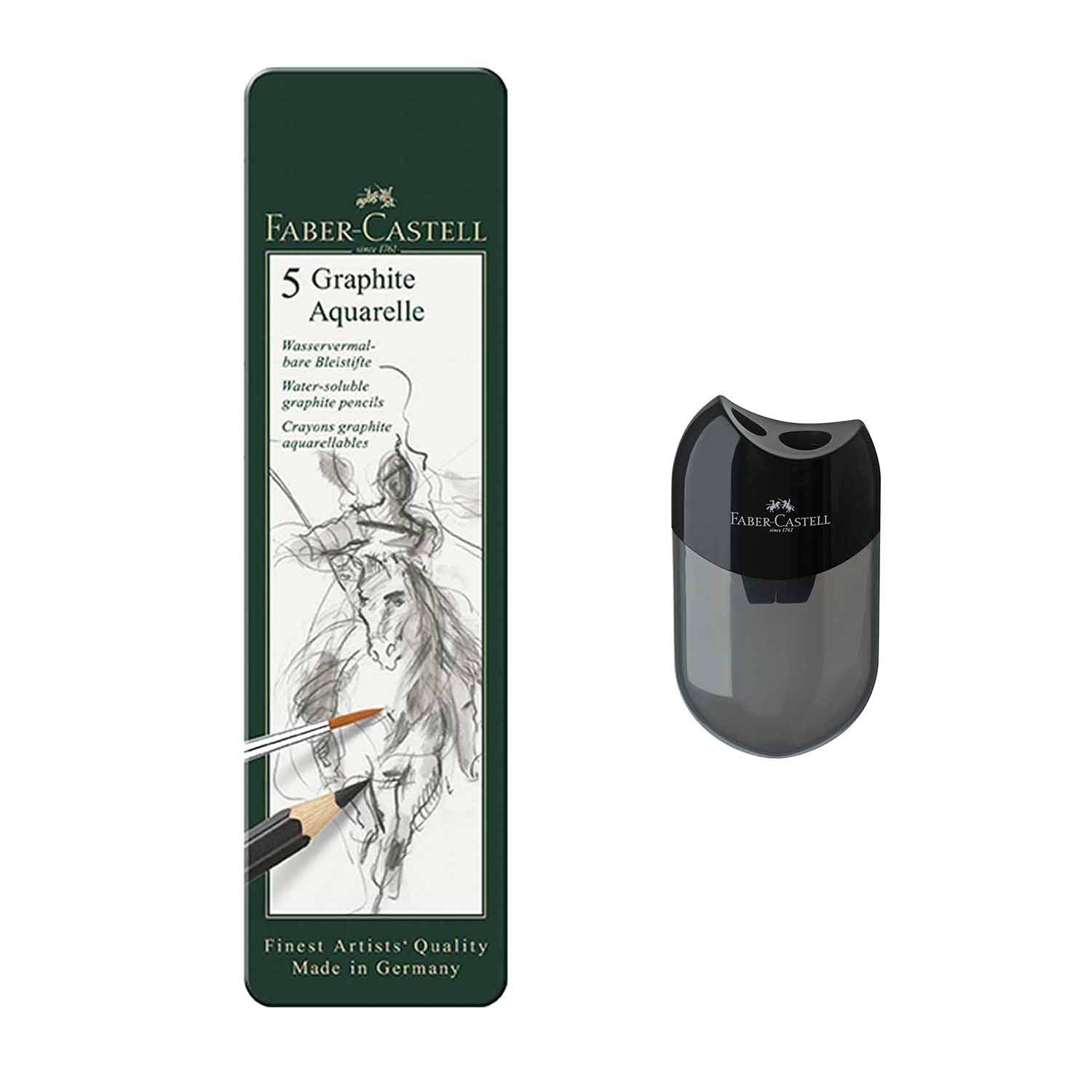 Faber-Castell 117805-5 Watercolour Pencils Graphite Watercolour Contents HB 2B 4B 6B 8B (Pack of 5 + Double Pencil Box)
