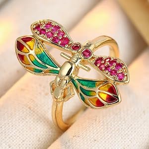 Vintage Ethnic Style Dragonfly Women's Ring Inlaid with Colored Synthetic Zircon, Vintage Personalized Light Luxury Ring for